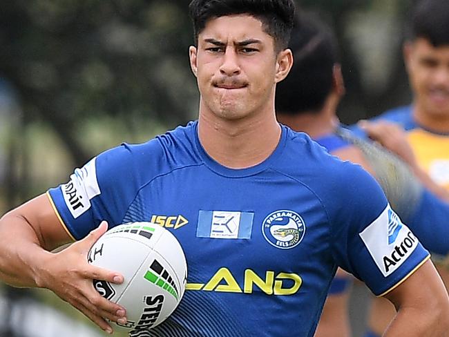 Parramatta Eels player Dylan Brown takes part in a team training session at the Old Saleyards Reserve, in Sydney, Tuesday, February 5, 2019. (AAP Image/Dan Himbrechts) NO ARCHIVING