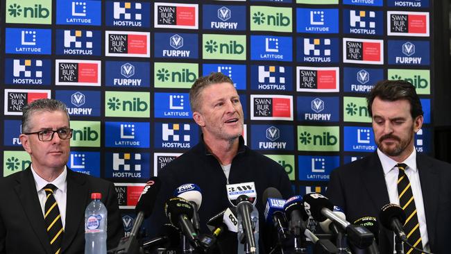 An emotional Damien Hardwick announces his departure from Richmond. (Photo by Quinn Rooney/Getty Images)