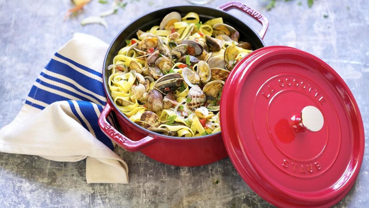 Staub Cherry Red 24cm Round Cocotte. Picture: Amazon Australia.