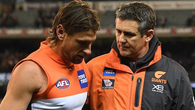 Giants coach Leon Cameron (right) consoles Ryan Griffen after the semi-final loss to Collingwood last Saturday night. Picture: AAP IMAGES