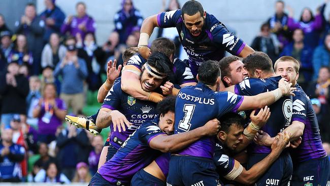NRL Qualifying Final: Melbourne Storm v Parramatta Eels at AAMI Park, Saturday, September 9, 2017. Storm celebrate a try. Picture: Mark Stewart