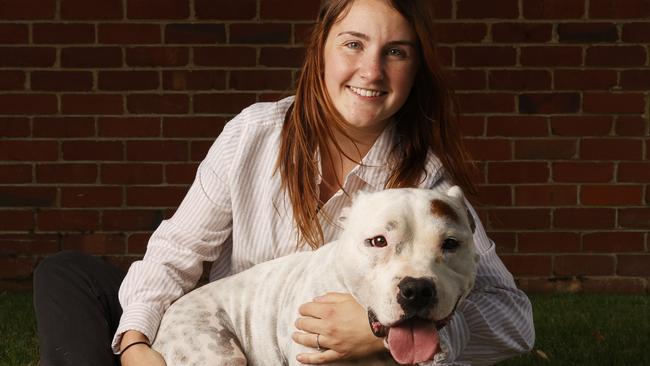 Grace Hills with her dog Max the three year old Staffy that survived a snake bite resulting in a vet bill worth $25,000 of treatment.  Picture: Nikki Davis-Jones