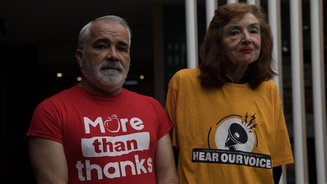 NSW Teacher’s Federation Queanbeyan and South Coast secretary Waine Donovan, left, with Independent Education Union’s secretary for NSW and the ACT, Pat Smith. Picture: Nathan Schmidt