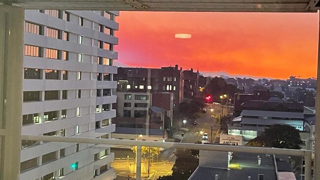 Sunset on Sunday when smoke haze filled the Brisbane sky. Picture: Supplied