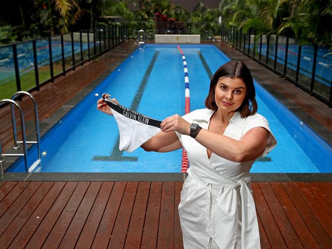 Kristy Miller 39 lives in the Emerald Park building complex in Zetland says she was left humiliated and embarrassed when asked by building security guards to wear shorts and cover up her skimpy bikini bottoms as she was sun baking by the pool on Monday. Picture: Toby Zerna