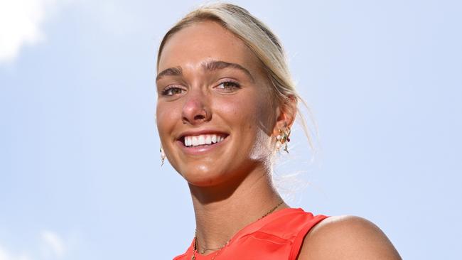 MELBOURNE, AUSTRALIA - DECEMBER 17: Havana Harris of the Suns poses during an AFLW Draft media opportunity at AFL House on December 17, 2024 in Melbourne, Australia. (Photo by Quinn Rooney/Getty Images)