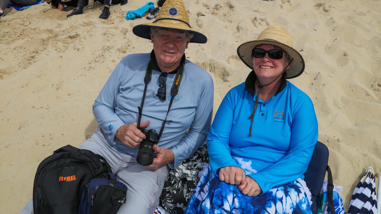 Martin Miles and Dianne Whitton enjoying the inaugural Pacific Air Show over Surfers Paradise. Picture: Glenn Campbell