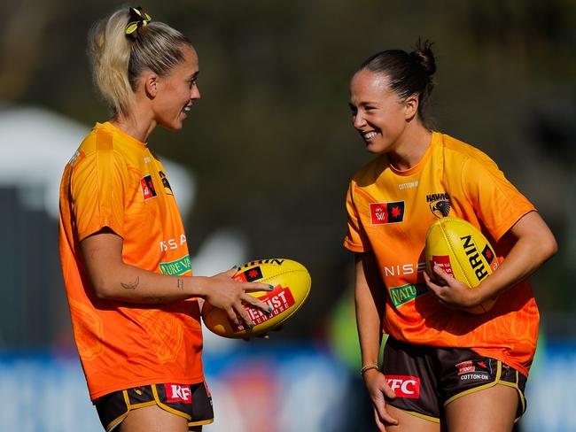 MELBOURNE, AUSTRALIA – OCTOBER 02: Kaitlyn Ashmore and Jasmine Fleming of the Hawks are seen during the 2024 AFLW Round 06 match between the Hawthorn Hawks and the Gold Coast SUNS at Kinetic Stadium on October 02, 2024 in Melbourne, Australia. (Photo by Dylan Burns/AFL Photos via Getty Images)