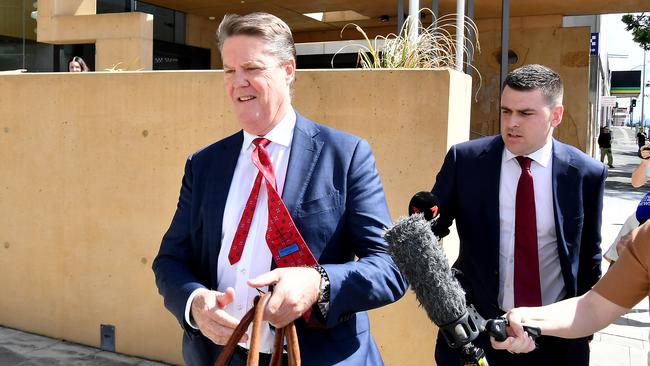 Solicitor Andrew McGinness (left) represented Mr Crawford on Friday during his first mention at Ipswich Magistrates Court. Picture: NewsWire / John Gass