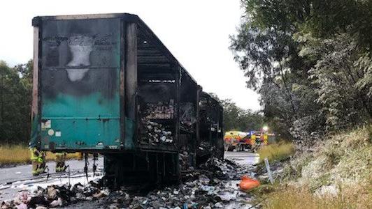 Two trailers were destroyed in a fire on the Pacific Motorway at Halfway Creek north of Coffs Harbour on July 7, 2022. Picture: Live Traffic