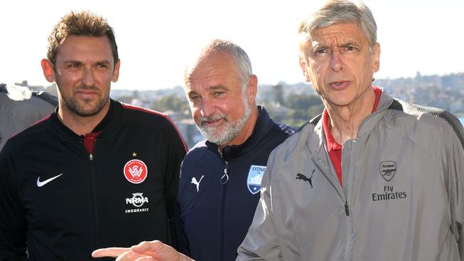 Arsenal football manager Arsene Wenger with Tony Popovic Graham Arnold.