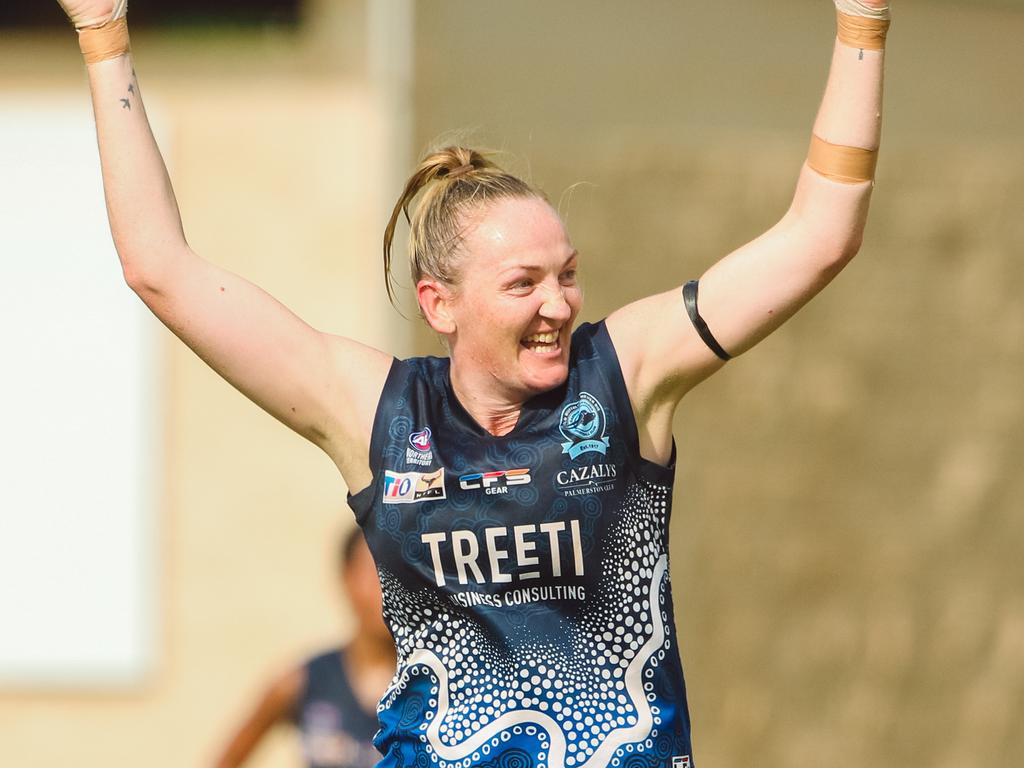 Ebony Miller (pictured playing for the Darwin Buffettes) kicked two goals in the win for Souths. Picture: Glenn Campbell