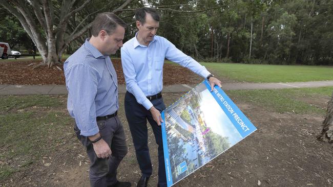 Deputy Mayor Adrian Schrinner and Lord Mayor Graham Quirk at a media conference to welcome the Federal Government’s commitment for $300 million towards the Brisbane Metro project. Picture: Mark Cranitch.