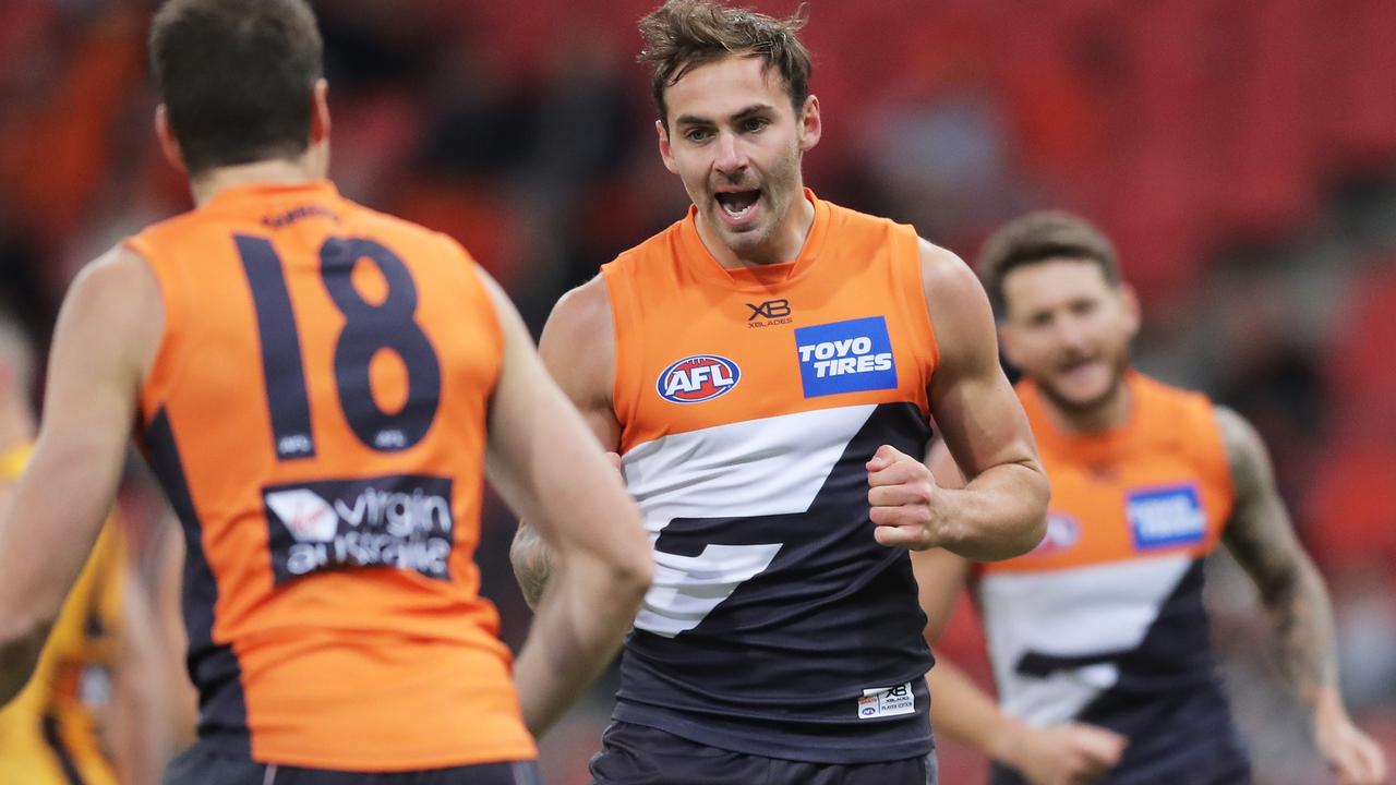 SYDNEY, AUSTRALIA - JULY 05: Jeremy Finlayson of the Giants celebrates a goal during the round 5 AFL match between the Greater Western Sydney Giants and the Hawthorn Hawks at GIANTS Stadium on July 05, 2020 in Sydney, Australia. (Photo by Matt King/AFL Photos/via Getty Images )