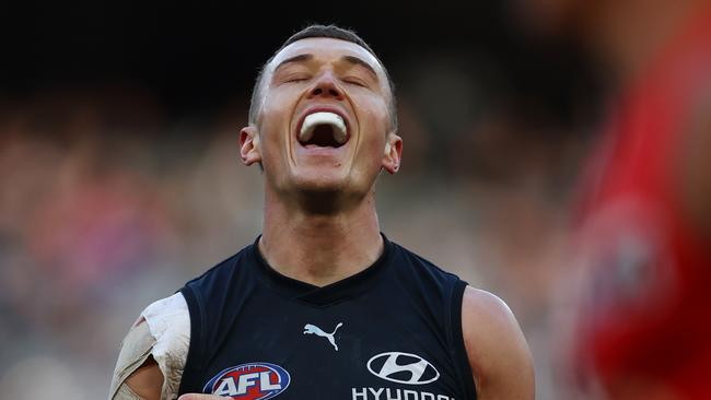 A relieved Patrick Cripps as the final siren sounds Picture: Michael Klein.