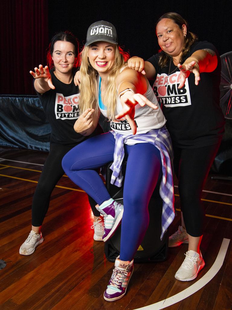 U-JAM Fitness House Party host Casey Wruck (centre), with Sam Brider (left) and Krystal Lawson, are ready for the session. Picture: Kevin Farmer