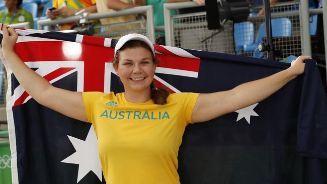 Catherine Skinner celebrates with the Aussie flag.