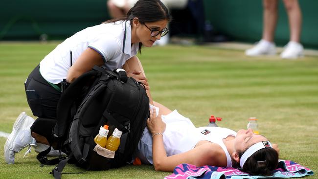 Margarita Gasparyan receives medical treatment before she was forced to retire against Elina Svitolina. Picture: Getty Images