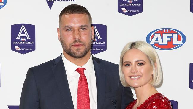 MELBOURNE, AUSTRALIA - AUGUST 29:  Lance Franklin of the Swans and Jesinta Franklin arrive during the 2018 AFL All-Australia Awards at the Palais Theatre on August 29, 2018 in Melbourne, Australia.  (Photo by Scott Barbour/Getty Images)