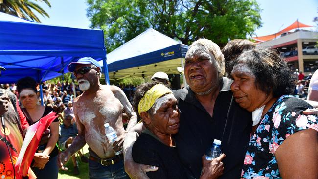 Kumanjayi Walker’s grandmother Anna Dixon, third from right, and Margaret Brown, second from right, at a protest over his death in Alice Springs. Picture: Chloe Erlich