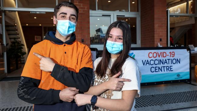 Lucas Grosso and Eleni Reskakis of Greenvale after receiving their Pfizer vaccinations. Picture: Ian Currie