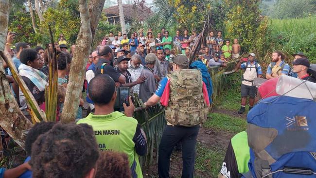 PNG locals block the Kokoda Trail near the village of Kovelo earlier this month. Picture: Kila Sibolo.