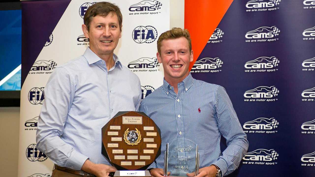 AWARD WIN: Queensland CAMS executive member Chris McMahon (left) presents the Will Power award to Toowoomba's Will Brown. The award recognises Queensland's best young driver. Picture: Contributed