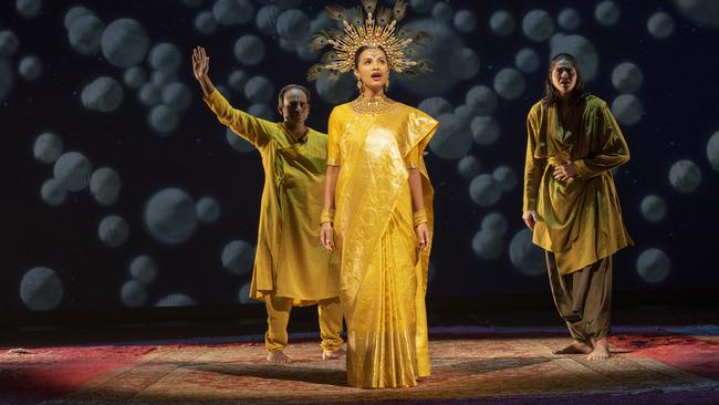 Meher Pavri as the Opera Singer, with Neil D'Souza as Krishna and Anaka Maharaj-Sandhu as Arjuna in Why Not Theatre’s Mahabharata (Shaw Festival, 2023). Picture: David Cooper.