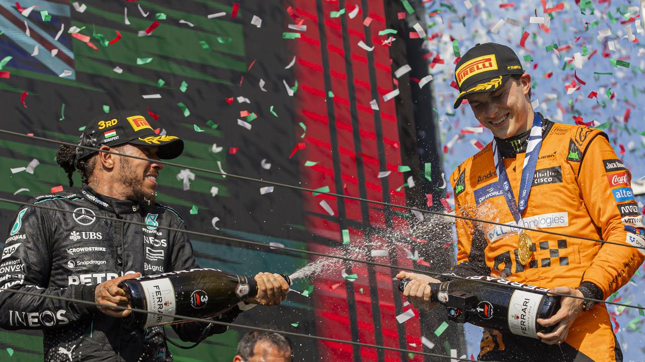 Celebrating on the podium with Australia’s rising young gun Oscar Piastri at the 2024 Hungarian Grand Prix. Photo: Robert Szaniszlo/NurPhoto