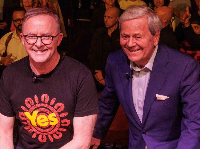 SYDNEY, AUSTRALIA - NewsWire Photos SEPTEMBER 28 2023. Prime Minister of Australia Anthony Albanese poses for a photo on stage with Yes Campaign co-chair Rachel Perkins, veteran journalist Ray Martin and Inner West Council mayor Darcy Byrne, at The West Says Yes event at The Factory Theatre in Marrickville, in support of the indigenous voice to parliament. Picture: NCA NewsWire / Max Mason-Hubers