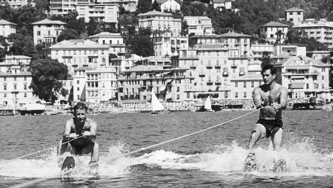 Actor Rock Hudson, right, water-skiing in southern Italy in the 1960s. Picture: Getty Images