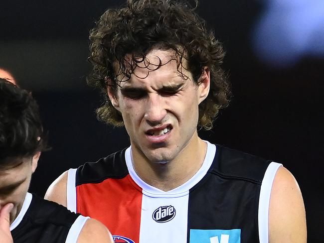 MELBOURNE, AUSTRALIA - MAY 14: Max King and his Saints team mates look dejected after losing the round 9 AFL match between the St Kilda Saints and the Geelong Cats at Marvel Stadium on May 14, 2021 in Melbourne, Australia. (Photo by Quinn Rooney/Getty Images)