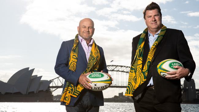 Rugby Australia interim chief executive Rob Clarke and chairman Hamish McLennan pose at Mrs Macquarie's point after it was announced NSW will host most of the Rugby Championship. Picture: Getty Images