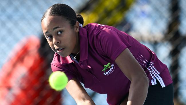 June 21: Cleo Taylor (QLD) U13 during the Australian Teams Championships at KDV Tennis Centre, Gold Coast. Photo by TENNIS AUSTRALIA/ DAN PELED