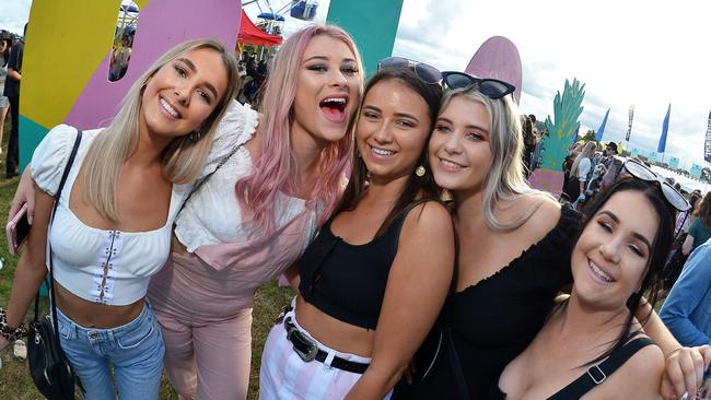 Izzie Humphries, Ella Crossingham, Elle Humphries, Lizzie Jones and Steph Tainton at the Big Pineapple Music Festival in 2019.