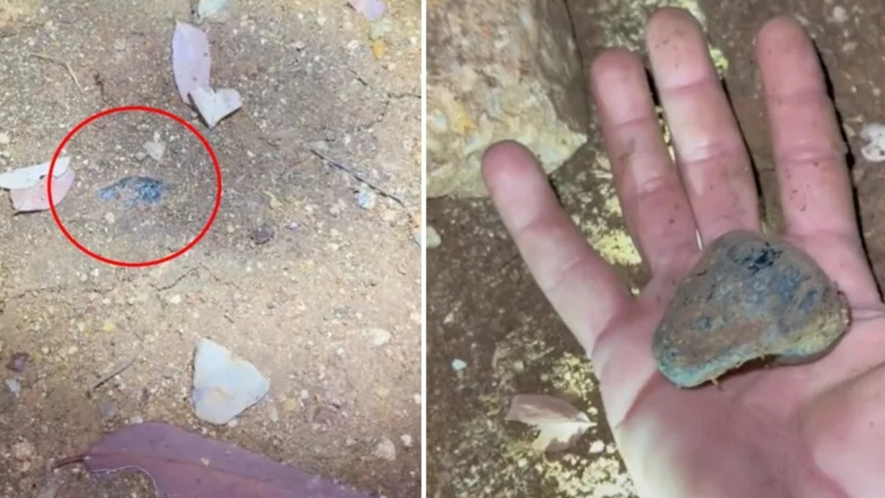 Recent heavy rain in QLD’s central highlands has washed away enough topsoil to reveal a gigantic gemstone just in time for amateur prospector Matt Betteridge’s evening stroll. Picture: TikTok