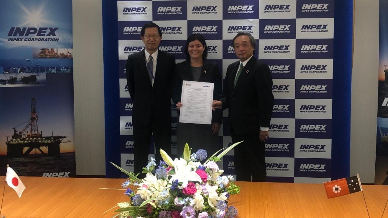 INPEX chairman Toshiaki Kitamura, Chief Minister Natasha Fyles and INPEX president and chief executive Takayuki Ueda. Picture: Supplied