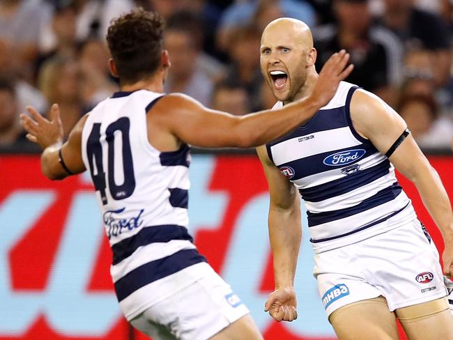 MELBOURNE, AUSTRALIA - MARCH 22: Gary Ablett of the Cats celebrates a goal during the 2019 AFL round 01 match between the Collingwood Magpies and the Geelong Cats at the Melbourne Cricket Ground on March 22, 2019 in Melbourne, Australia. (Photo by Dylan Burns/AFL Photos)