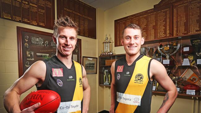 Departing Hobart Football Club player coach Alex Gilmour and playing assistant coach Brad Joseph back in 2019. Picture: Zak Simmonds