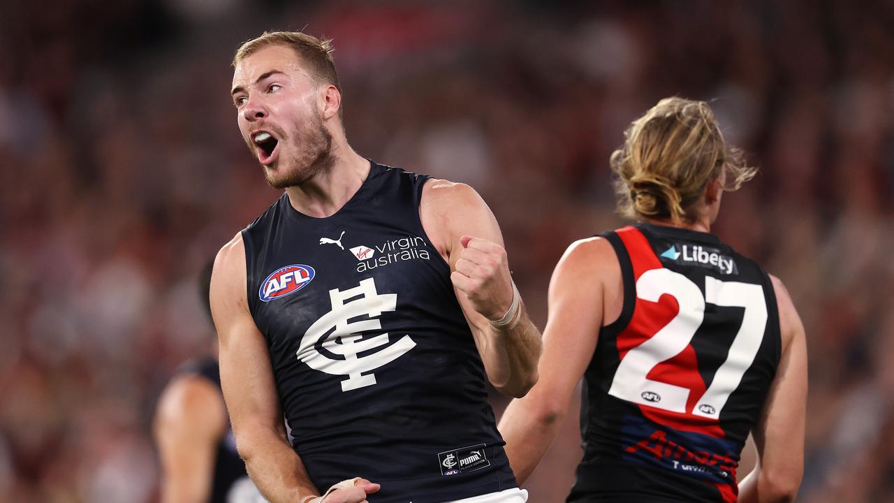 Carlton spearhead Harry McKay celebrates a goal against Essendon last year. Pic: Michael Klein