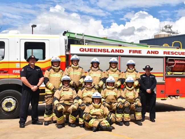 Ten auxiliary recruit firefighters completed the ARTEP training court in Emerald. Pictured with instructors Jamie Worland (left) and Peter Heumiller (right).