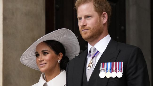 LONDON, ENGLAND - JUNE 03: Prince Harry and Meghan Markle, Duke and Duchess of Sussex leave after a service of thanksgiving for the reign of Queen Elizabeth II at St Paul's Cathedral in London, Friday, June 3, 2022 on the second of four days of celebrations to mark the Platinum Jubilee. The events over a long holiday weekend in the U.K. are meant to celebrate the monarch's 70 years of service. (Photo by Matt Dunham - WPA Pool/Getty Images)