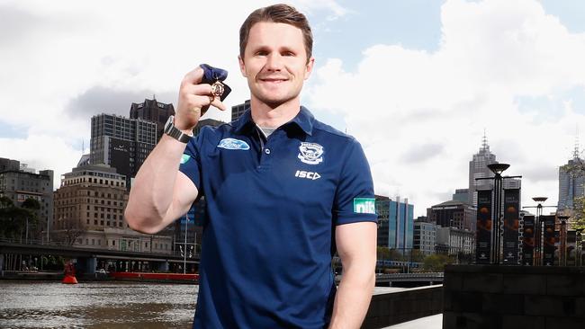 Patrick Dangerfield with his 2016 Brownlow Medal the morning after. Picture: Getty