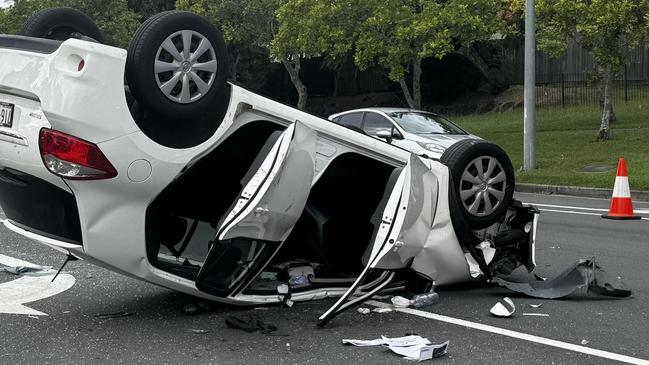 Car rolls on to roof in Coombabah crash. Picture: Supplied