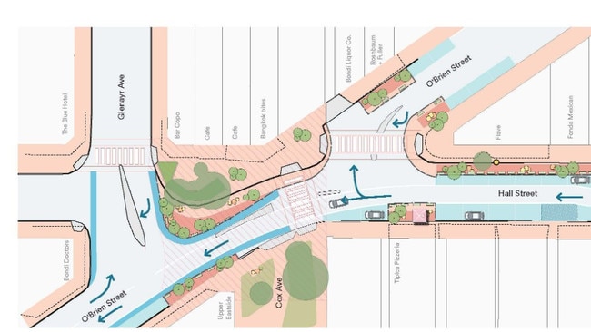 The six-month trial will redirect traffic up Hall St. Image: Waverley Council.