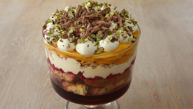 The chocolate, mango and pistachio summer trifle is a great dessert to enjoy at barbecues.