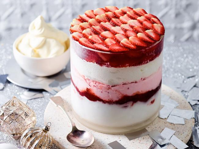 Coconut and strawberry ice cream trifle with gin jelly.