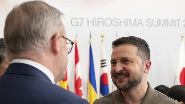 Prime Minister Anthony Albanese greets Ukrainian President Volodymyr Zelensky on the sidelines of the G7 in Hiroshima, Japan. Picture: PMO