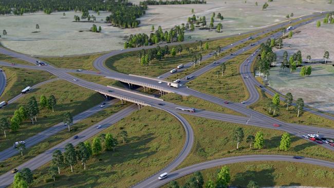 Artist impression of the diverging diamond interchange for Picton Rd and the Hume Highway. Picture: Transport for NSW