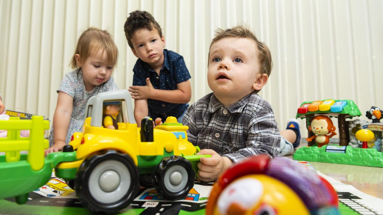 Waiting for the Toy Library to find a home are (from left) Matilda Banhidi, Carter Keong and Riley Wilson as the Kath Dickson Family Centre head office, the Toy Library and other community programs are on hold until further notice due to water damage sustained in the January hailstorm, Thursday, March 10, 2022. Picture: Kevin Farmer